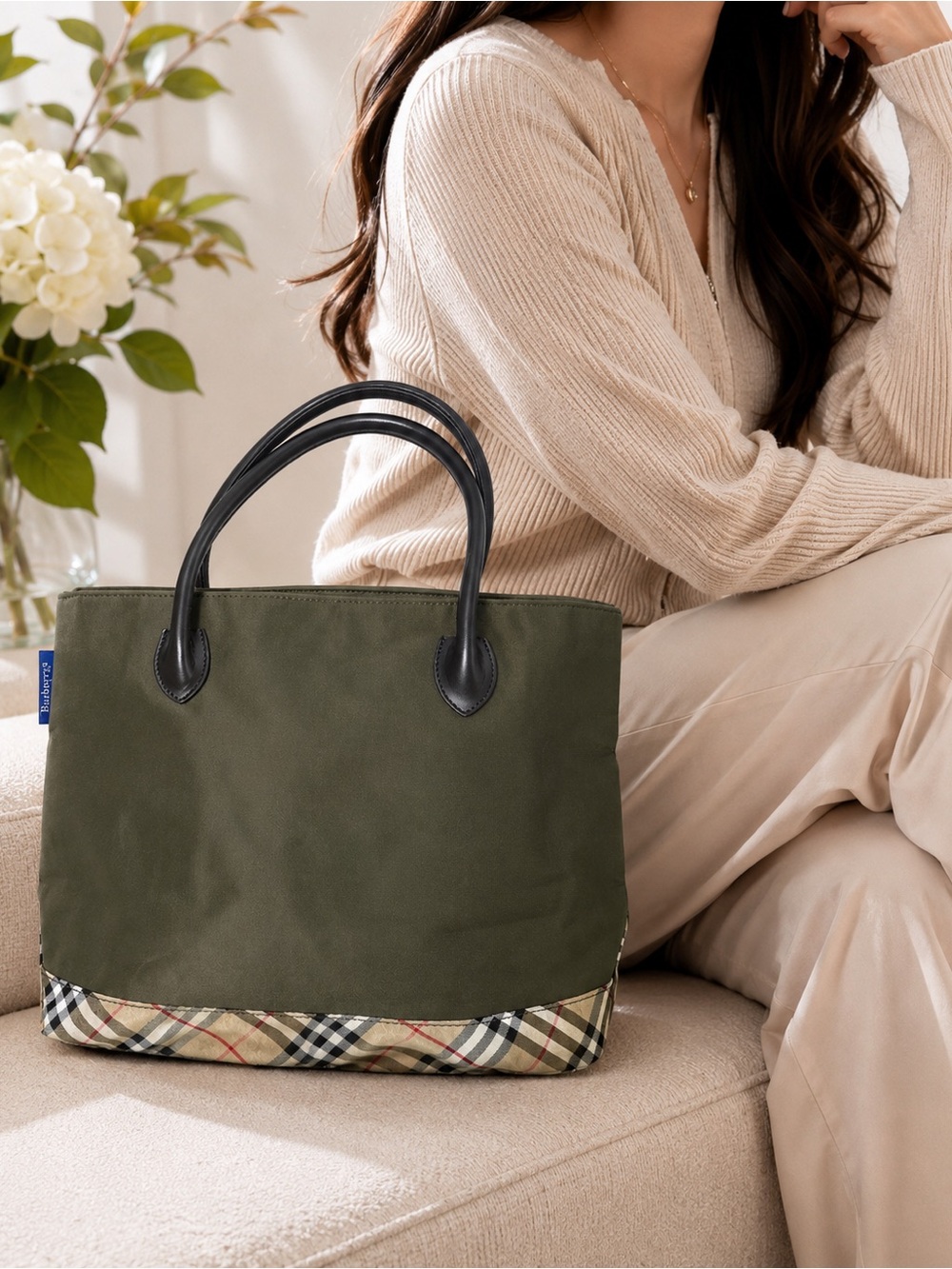 Burberry Olive Green Canvas Tote with Black Handles and Signature Check Trim